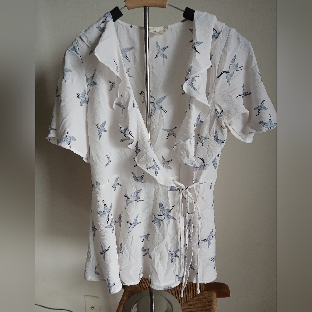 Misia Wrap Top 1X Bird Print Ruffle Blouse